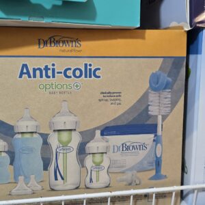 Dr. Brown's Anti-Colic Options+ Glass Baby Bottle Starter Set with wide-neck bottles, nipples, pacifier, bottle brush and steriliser bag