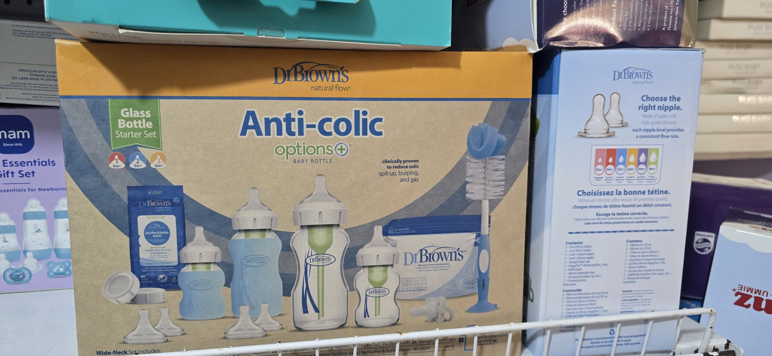 Dr. Brown's Anti-Colic Options+ Glass Baby Bottle Starter Set with wide-neck bottles, nipples, pacifier, bottle brush and steriliser bag
